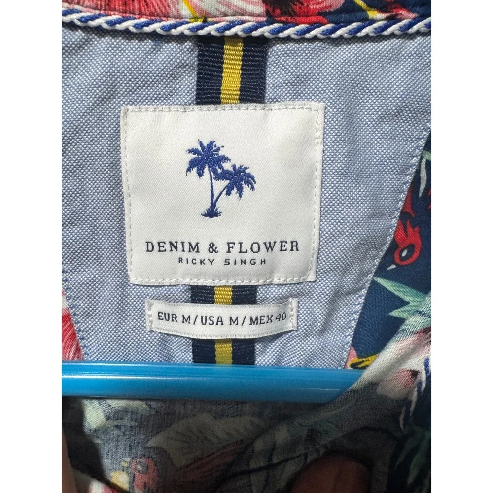 Denim & Flower Ricky Singh Mens Medium Navy Tropical Hibiscus Floral Shirt SS